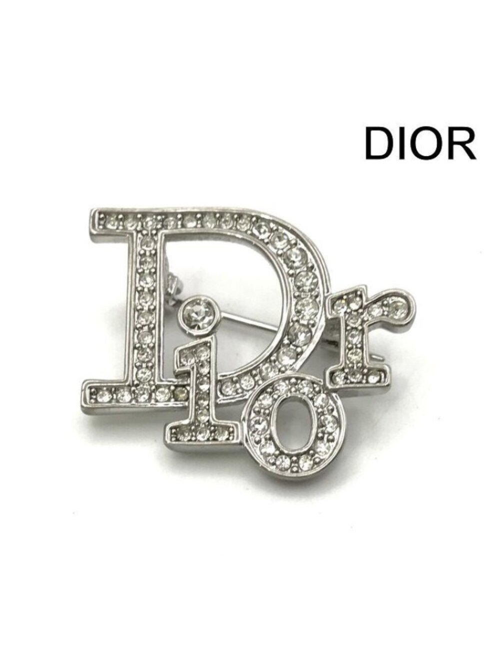 Dior Trotter Rhinestone Logo Brooch Pin Silver